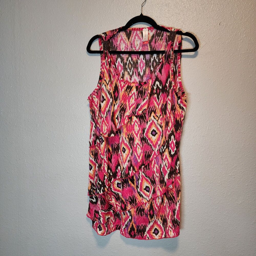 No Boundaries Pink Ikat Ruffle Layered Tank Top Beaded Accent - Size 2X
